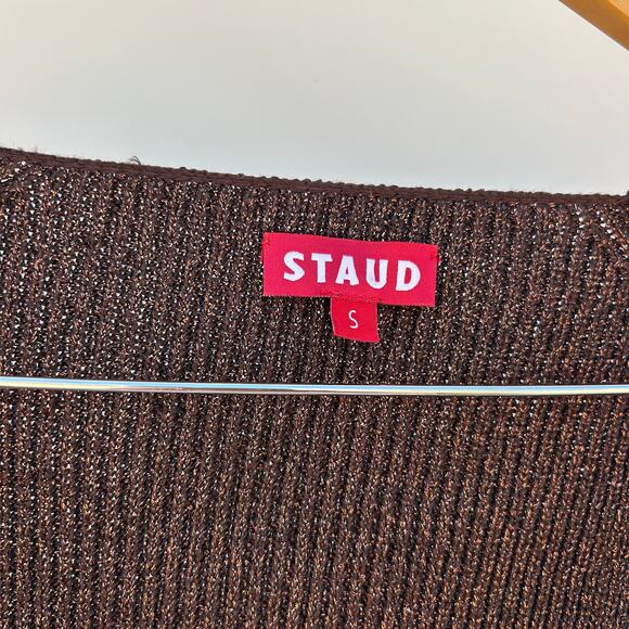 STAUD Cerro Knit Metallic Top Bustier Long Sleeve Bronze Small Cropped Shirt - Picture 3 of 8